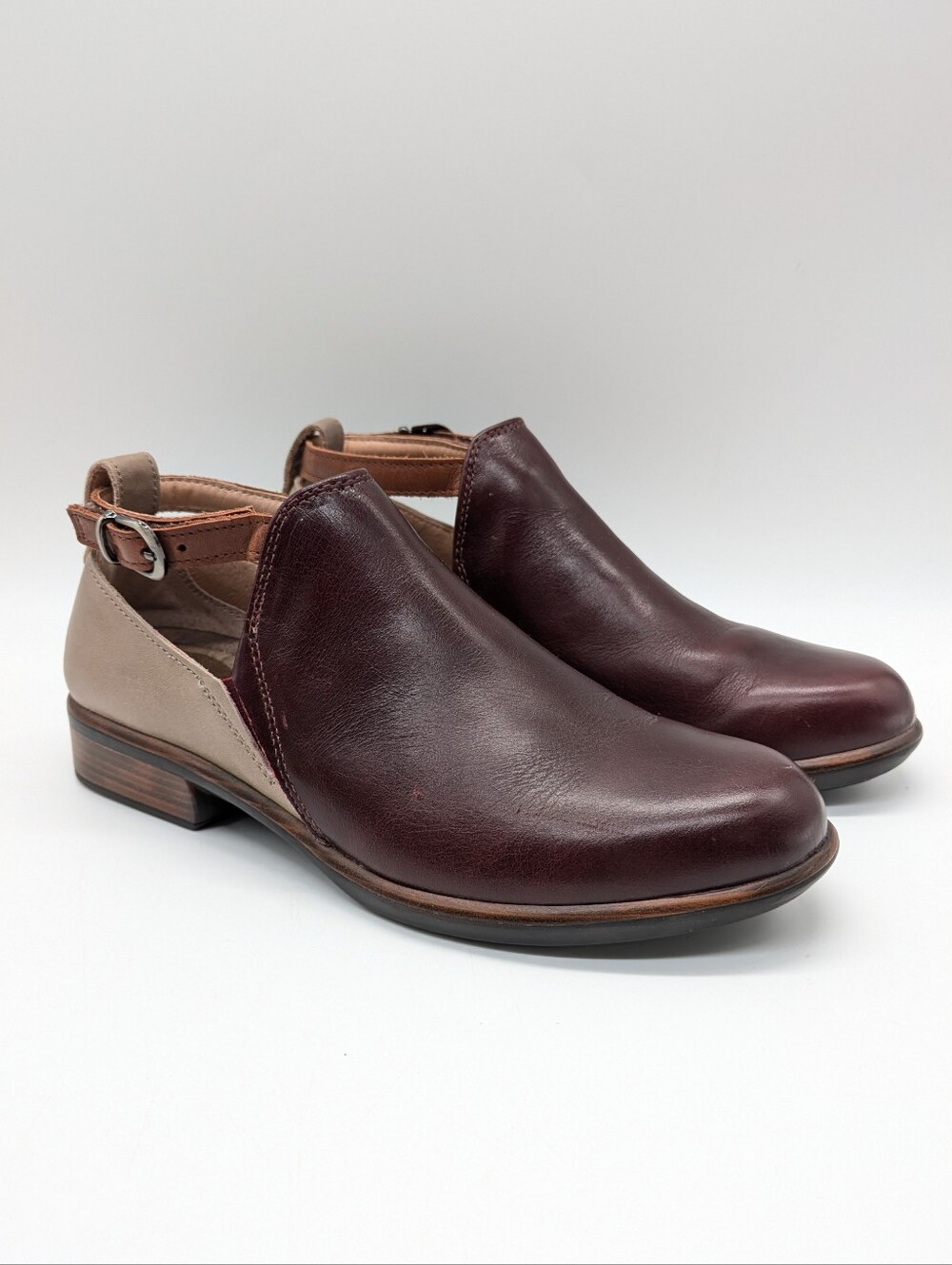Naot Kamsin Maroon Tan Leather Hook & Loop Closure Ankle Bootie 37